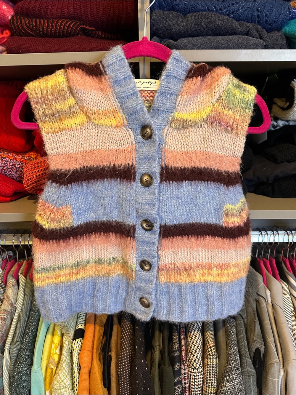 Free People blue/pink striped wool/alpaca blend hooded sweater vest size M